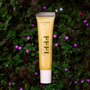 Puede incluir: Un tubo de bálsamo labial "Lip Goop" amarillo con la palabra "FEEL" en letras grandes. El tubo tiene una base blanca y está sobre un fondo de follaje verde y pequeñas flores moradas.
