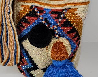 Beautiful Wayuu bag, Beige/black/brown/blue Color with crystals finish made in Colombia, 100% Handmade, Unique style