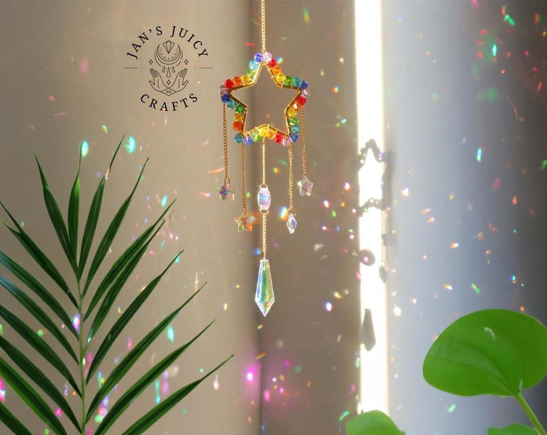 Rainbow Crystal Suncatcher, Rainbow Maker, Handmade Boho Home Decor, Window Hanging Decor, Garden Charm Decor, Room Decor, Wind Chime Star