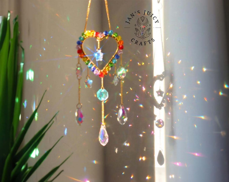 Rainbow Crystal Suncatcher, Rainbow Maker, Handmade Boho Home Decor, Window Hanging Decor, Garden Charm Decor, Room Decor, Wind Chime Heart