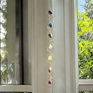7 Chakra Crystal Set, Stone hanging decor, Spiritual Boho Decor Gemstone, Natural Stones Amethyst Suncatcher, Quartz Healing Crystal, Garden