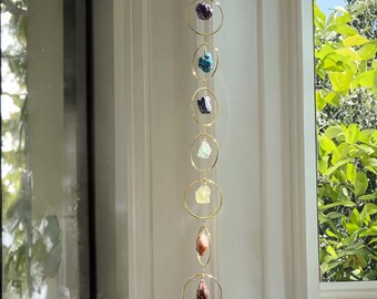 7 Chakra Crystal Set, Stone hanging decor, Spiritual Boho Decor Gemstone, Natural Stones Amethyst Suncatcher, Quartz Healing Crystal, Garden