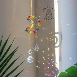 Rainbow Crystal Suncatcher, Rainbow Maker, Handmade Boho Home Decor, Window Hanging Decor, Garden Charm Decor, Room Decor, Wind Chime Moon