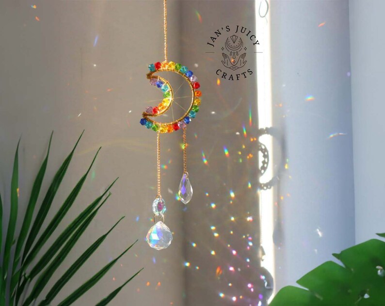 Rainbow Crystal Suncatcher, Rainbow Maker, Handmade Boho Home Decor, Window Hanging Decor, Garden Charm Decor, Room Decor, Wind Chime Moon