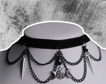 Gothic choker with black chains and triple moon charm