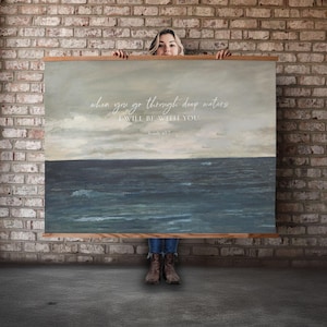 Peaceful ocean wall art with Bible verse Isaiah 43:2 for coastal decor or faith gift