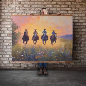 Western Cowboy Canvas Wall Hanging: Rustic Oak Hanger, Sunset Scene