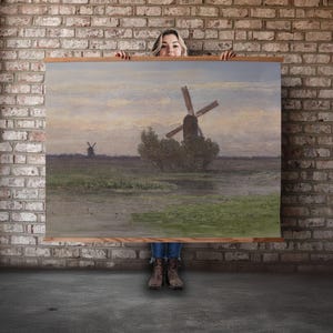 Extra Großer Wand Kunst Natur Wandteppich, Windmühle Landschaft Übergroße Wandkunst, Vintage Neutraler Wand Kunst Tapisserie, Wandbehang Leinwand