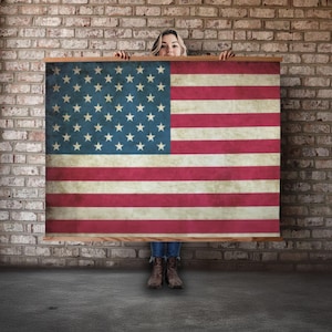 Vintage American Flag Wall Art USA Patriotic Canvas Print Rustic Fourth Of July Decor Veterans Gift Farmhouse Style
