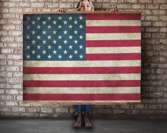 Vintage American Flag Wall Art USA Patriotic Canvas Print Rustic Fourth Of July Decor Veterans Gift Farmhouse Style