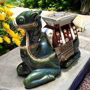Vintage 1970s Ceramic Camel Patio Decoration Sculpture Garden Stool Plant Stand Side Table