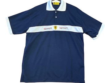 Vintage Ferrari-herenpolo met korte mouwen - blauw en wit - maat Large