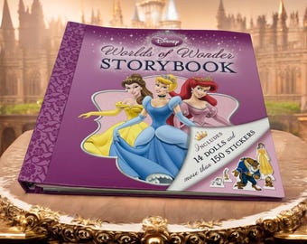 Kit de atividades do livro de histórias das princesas Disney vintage, bonecas de papel e adesivos Worlds of Wonder - Novo - Um excelente presente!