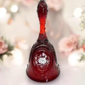 Vintage Fenton Hand Painted Ruby Red Glass Bell - Signed B. Thornton