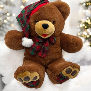 Vintage Christmas Teddy Bear Jumbo Plush Brown Fur Plaid Bow & Hat 24&quot; Soft