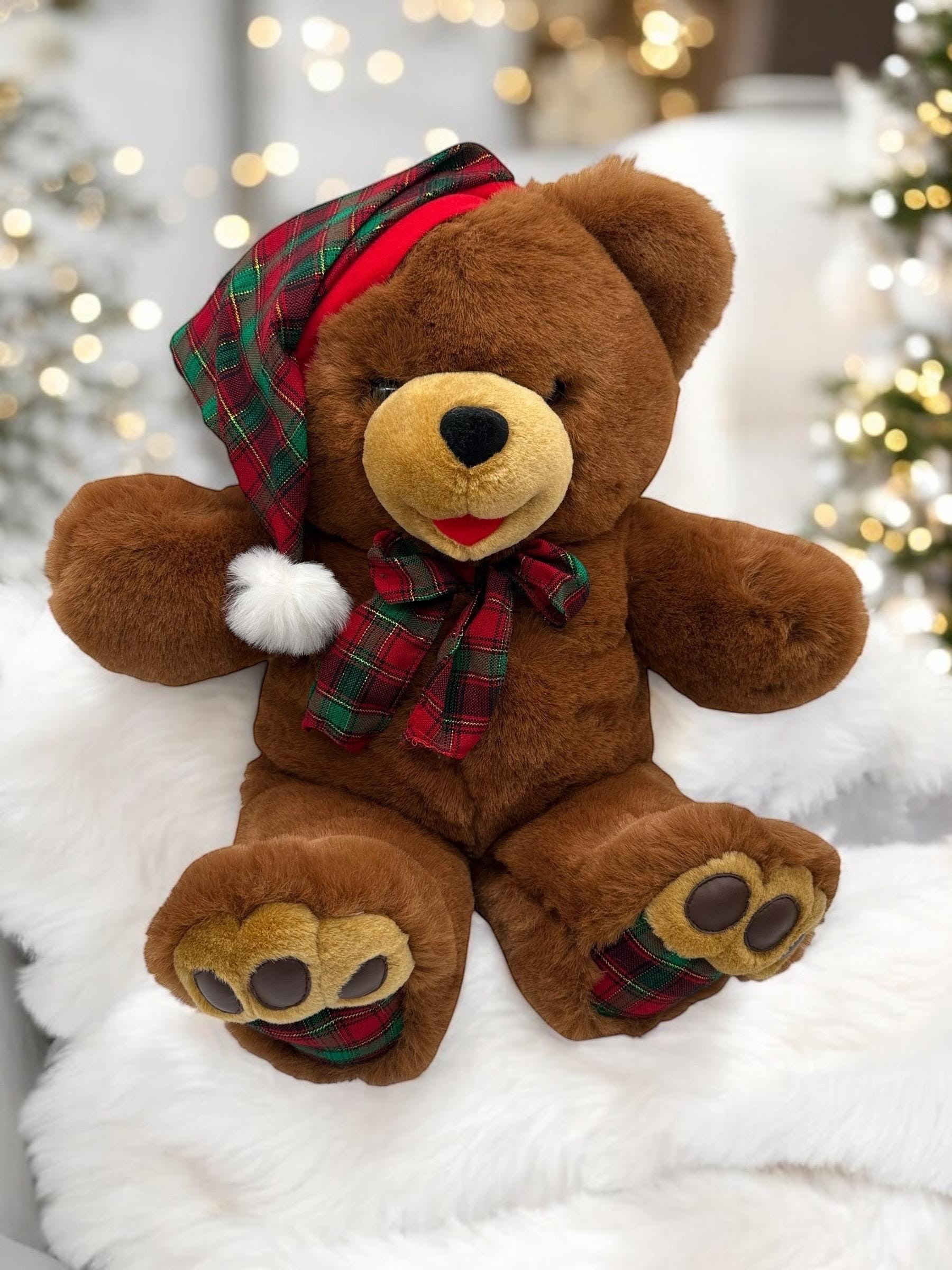 Vintage Christmas Teddy Bear Jumbo Plush Brown Fur Plaid Bow & Hat