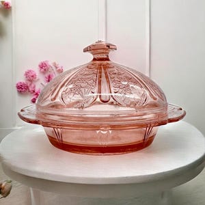 Vintage Jeanette Pink Depression Glass Cherry Blossom Butter Dish W/Covered Dome - 1930s