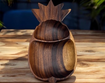 Antyczna, podzielona, drewniana miska do serwowania sosu i wiórków w kształcie ananasa, 7,5 x 14 cali