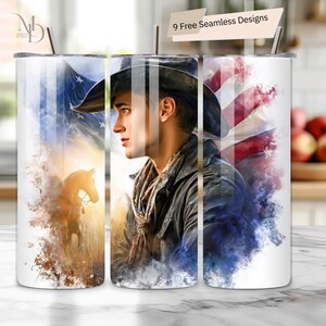 American Cowboy Tumbler Wrap – Patriotic 20oz Skinny Tumbler PNG Design | American Cowboy Sublimation | Instant Digital Download