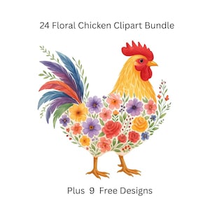 Colección de imágenes prediseñadas de pollos florales coloridos, 24 imágenes prediseñadas de gallos, estilo cottagecore, acuarela imprimible, JPG de alta calidad, manualidades de papel, diario basura