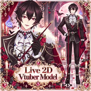 May include: A Live 2D Vtuber model featuring a character with dark hair and red eyes, wearing a black suit with a red cape, white ruffled shirt, and black gloves. The character holds a thin red staff, set against a gothic background with roses.