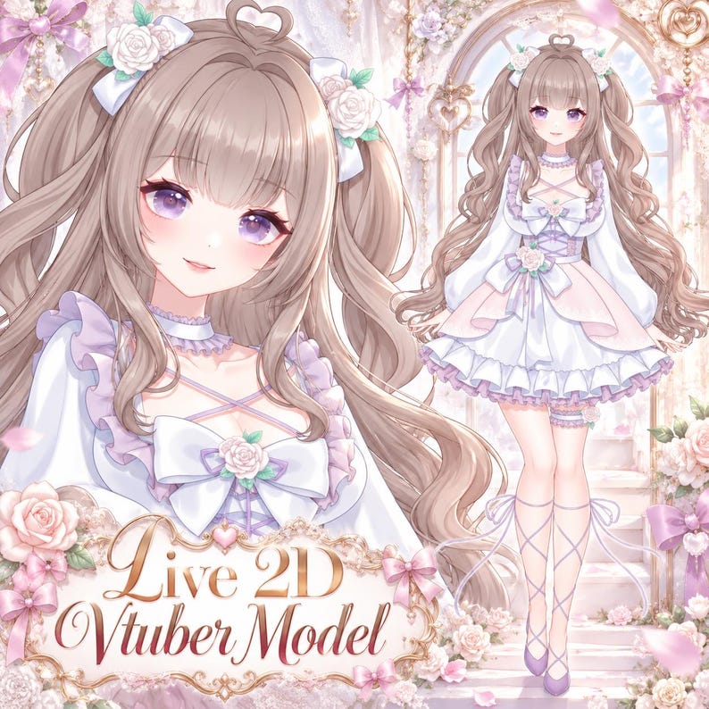 May include: A Live 2D Vtuber model featuring a character with long wavy brown hair styled in twin tails with white rose hair accessories. The character wears a white and lavender dress with ruffles, bows, and lace-up details, paired with matching lace-up footwear.