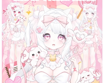 Modelo de Vtuber prefabricado en vivo 2D/completamente manipulado, transmisión de Twitch, transmisor, conejito rosa, gato, expresiones, pastel, OBS, Vtube Studio, uso comercial.