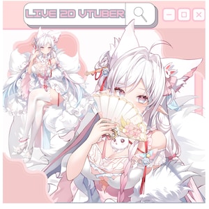 May include: Anime-style illustration of a character with white hair, fox ears, and a white outfit with pink and red details. The character holds a fan. The text "LIVE 2D VTUBER" is displayed at the top of the image.