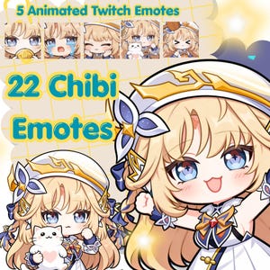 Puede incluir: Ilustración digital con 22 emotes chibi y 5 emotes animados de Twitch. Los emotes muestran un personaje de anime rubio con ojos azules, vistiendo un atuendo blanco y azul. El texto dice "22 Chibi Emotes" y "5 Animated Twitch Emotes".