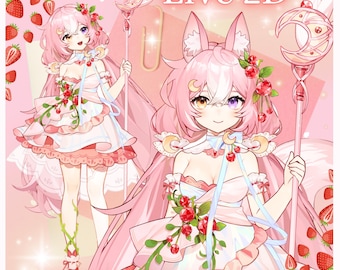 Modelo de Vtuber prefabricado en vivo 2D/completamente manipulado-Transmisión de Twitch-HQ-Expresiones de fresa rosa, Vtube Studio, uso comercial.