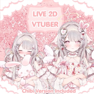 May include: A pink and white digital art piece featuring two anime-style characters with long gray hair, bunny ears, and angel halos. The text "LIVE 2D VTUBER" is displayed above the characters, with "Chibi Version Included" below.