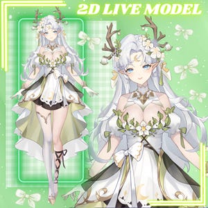 Puede incluir: Ilustración digital de un personaje femenino con cabello largo blanco, ojos azules y orejas puntiagudas. Viste un vestido blanco y verde con detalles florales y lunares, y una corona de cuernos y flores. El texto "2D LIVE MODEL" está en la parte superior.