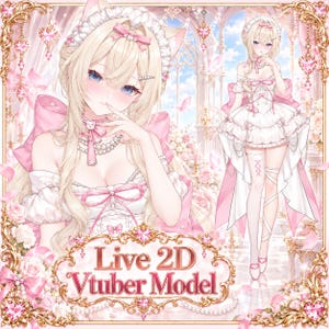 May include: A digital illustration of a blonde character with cat ears wearing a white and pink ruffled dress with bows, pearls, and a choker. The character is shown in a close-up and full-body view, framed by gold ornate borders with the text Live 2D Vtuber Model.