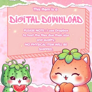 May include: A digital download graphic with a pink background and text that reads "This item is a DIGITAL DOWNLOAD." Two cartoon cat characters are featured, one green with a watermelon slice and the other orange with a peach.