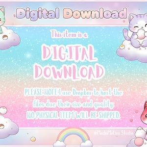 Puede incluir: Gr&aacute;fico de descarga digital con una combinaci&oacute;n de colores pastel. La imagen presenta gatos de dibujos animados sobre nubes, arco&iacute;ris y el texto "Digital Download". El fondo es un degradado de rosa, azul y blanco con efectos de purpurina.