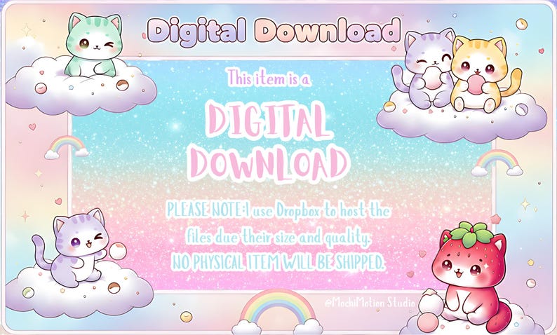 Puede incluir: Gr&aacute;fico de descarga digital con una combinaci&oacute;n de colores pastel. La imagen presenta gatos de dibujos animados sobre nubes, arco&iacute;ris y el texto "Digital Download". El fondo es un degradado de rosa, azul y blanco con efectos de purpurina.