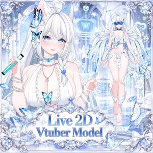 Pode incluir: Um modelo Vtuber Live 2D apresentando um personagem com longos cabelos brancos, olhos azuis e orelhas de gato, adornado com presilhas de borboleta azuis. O personagem veste uma roupa branca com detalhes azuis e segura um tubo azul brilhante. O texto diz Live 2D Vtuber Model.