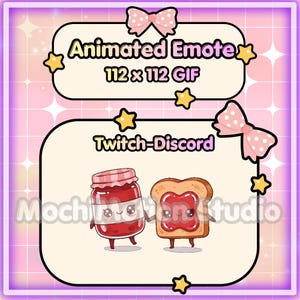 May include: An animated emote in 112 x 112 GIF format for Twitch and Discord. The graphic features a cartoon jam jar and a slice of toast with jam, both with smiling faces, holding hands. The design includes pink bows and yellow stars.