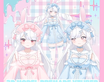 Modelo prediseñado 2D en vivo de Vtuber: Chica de mucama rosa y azul, completamente manipulada, OBS, VtubeStudio, transmisión en Twitch, avatar femenino, orejas de conejo, pastel, uso comercial