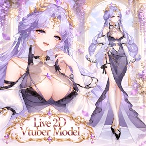 May include: A digital illustration of a character with long lavender hair wearing a dark purple and white gown with gold chain accents, sheer sleeves, and a gold headpiece. The image includes the text Live 2D Vtuber Model in a gold frame.