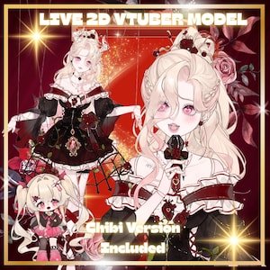 Könnte beinhalten: Digitales Kunstwerk eines Live 2D Vtuber Modells in einem Gothic-Lolita-Kleid mit Rosen und einem Mikrofon. Das Bild enthält eine Chibi-Version des Modells. Der Text auf dem Bild lautet "Live 2D Vtuber Model" und "Chibi Version Included".