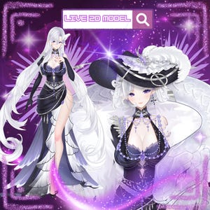 May include: Two anime-style illustrations of a woman in a black and white gown. The woman on the left has long white hair and is wearing a black dress with a high slit. The woman on the right is wearing a black hat with white feathers and a black dress.