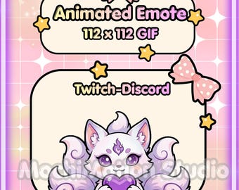 Animated Emote Chibi Purple Kitsune Fox -Twitch-Discord-Transparent GIF-Ready to use-Streaming-Cute-Kawaii-HQ-Heart-Love-Digital Art.
