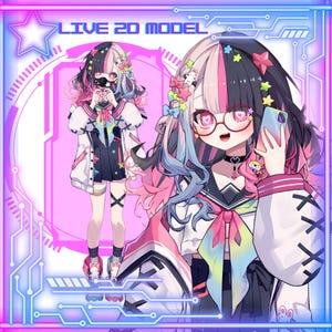 Puede incluir: Ilustraci&oacute;n digital de un personaje Live 2D Model con cabello negro, rosa y azul. El personaje viste un atuendo blanco y negro con un lazo colorido y gafas en forma de coraz&oacute;n. La imagen tiene un borde de ne&oacute;n rosa y azul con el texto "LIVE 2D MODEL".