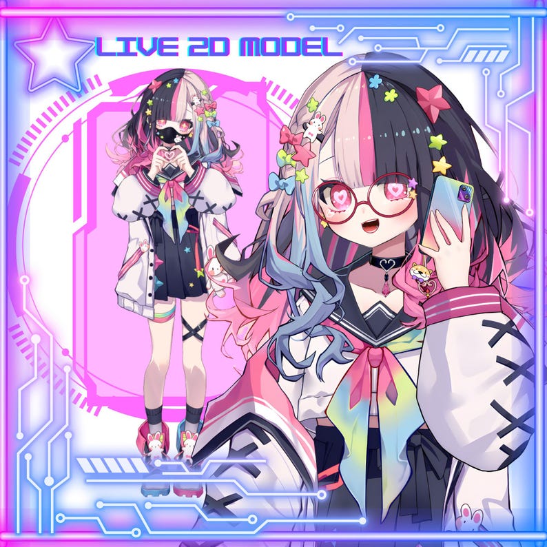 Puede incluir: Ilustraci&oacute;n digital de un personaje Live 2D Model con cabello negro, rosa y azul. El personaje viste un atuendo blanco y negro con un lazo colorido y gafas en forma de coraz&oacute;n. La imagen tiene un borde de ne&oacute;n rosa y azul con el texto "LIVE 2D MODEL".