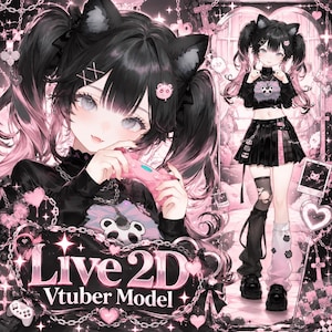 May include: A Live 2D Vtuber model featuring a character with black and pink hair, cat ears, and a black crop top with a panda graphic. The character wears a black pleated skirt, mismatched leg warmers, and holds a pink game controller.