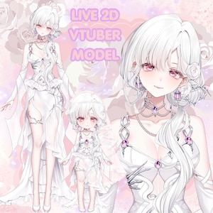 May include: A digital illustration of a Live 2D VTuber Model. The model features white hair, pink eyes, and a white dress with silver accents. The image includes a full body, a chibi version, and a close-up of the model.