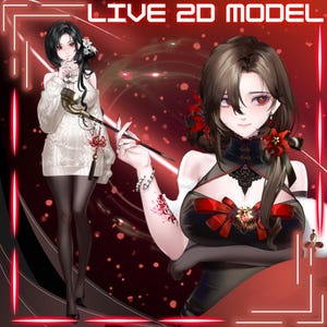 Puede incluir: Ilustración digital de una mujer con un vestido negro y rojo con un gran lazo rojo. La imagen tiene el texto "LIVE 2D MODEL" en la parte superior. La mujer sostiene un objeto largo y delgado y tiene un accesorio floral para el cabello.
