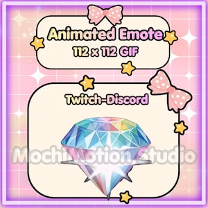 Könnte beinhalten: Eine animierte Emote-Grafik mit einer Illustration eines facettierten, mehrfarbigen Diamanten. Der Text lautet Animated Emote 112 x 112 GIF, Twitch-Discord und MochiMotion Studio. Das Design enthält rosa gepunktete Schleifen und gelbe Sterne.