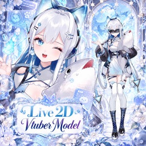 May include: A Live 2D Vtuber model featuring a character with white hair, blue eyes, and cat-like ears, wearing a white and blue outfit with dark accents. The character holds a large gray fish, surrounded by blue floral and bubble elements.